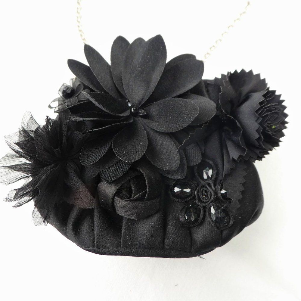 White House Black Market Mini Bag Purse Silver Kisslock 3D Satin Flower Applique